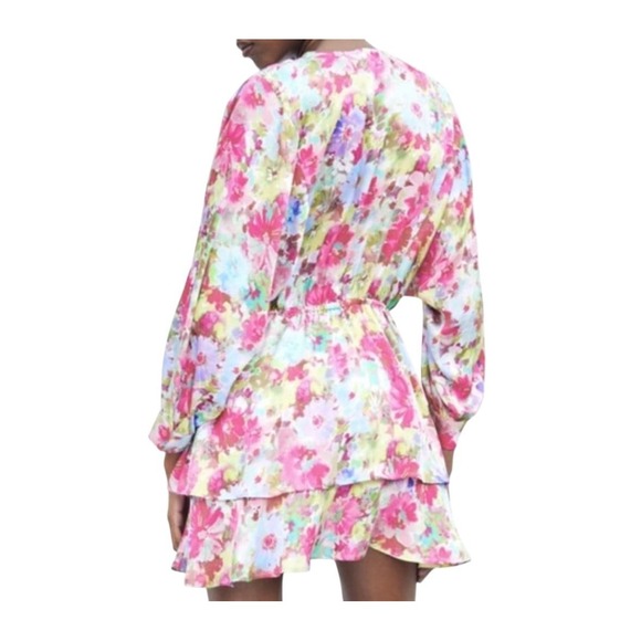 Zara Dress Womens Small Pink Floral Tiered Ruffle Long Sleeve Boho Spring Summer - Picture 3 of 10